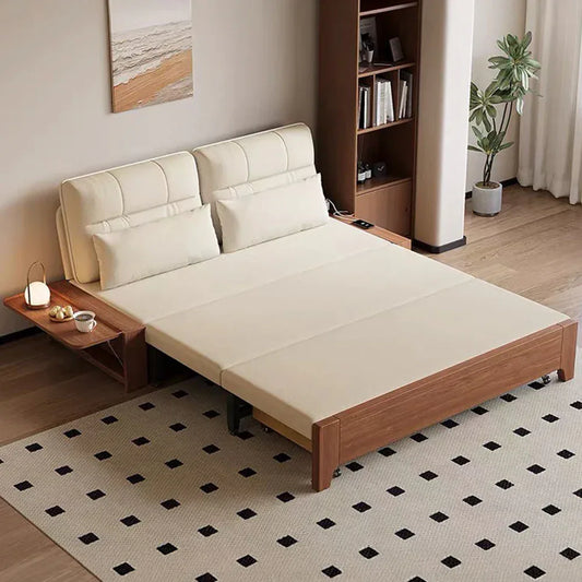 2-in-1 Folding Sofa Bed with Storage, Linen Cotton Blend Upholstery, Solid Wood Frame for Small Spaces -- SOFA BED -