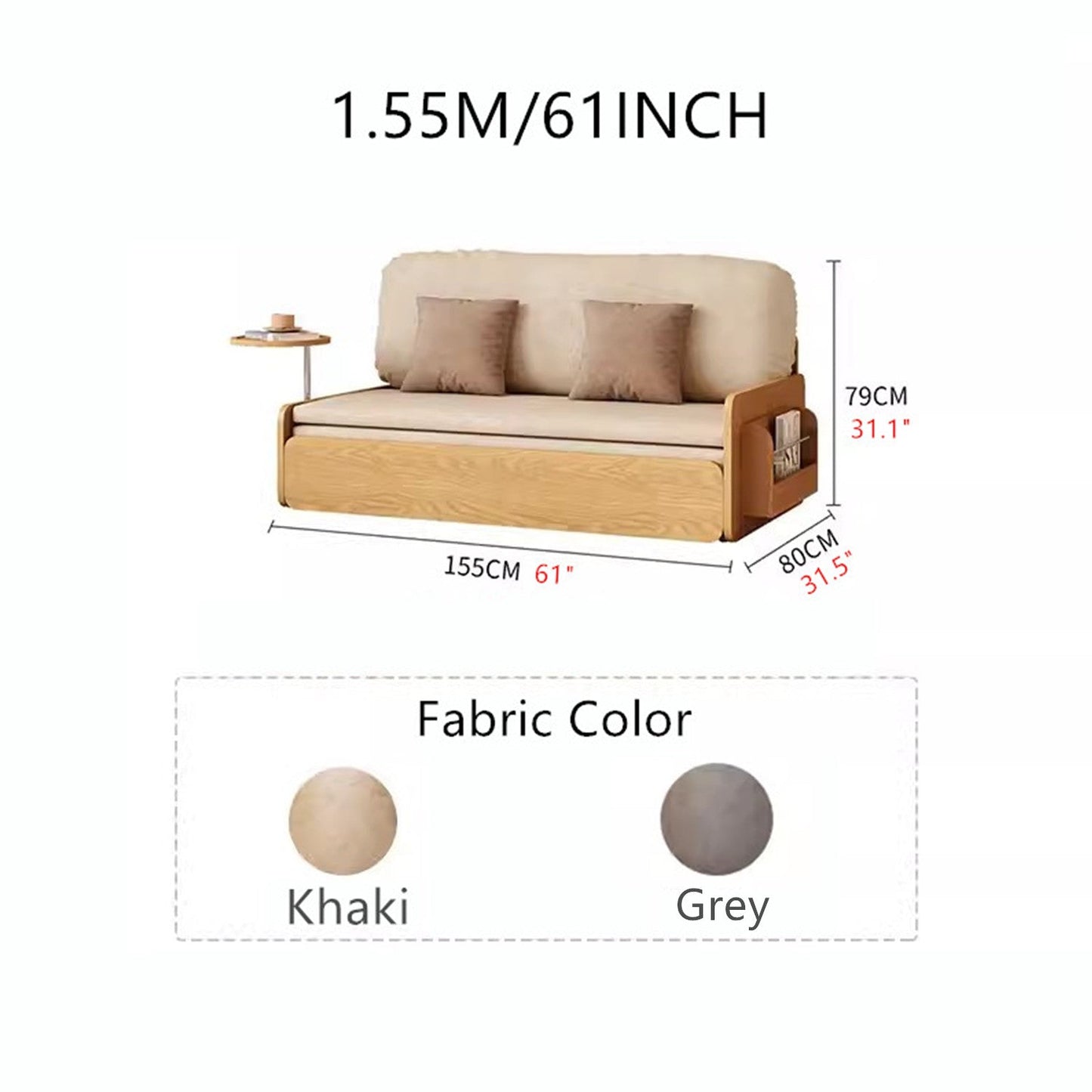 Japandi Log Style Pull Out Sofa Bed with Rotating Armrest Tray and Storage