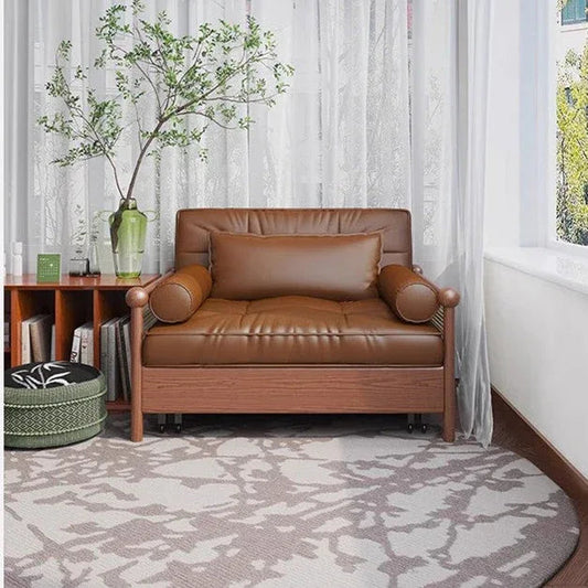 Rattan Weaving Armrests Leathaire Fabric Retro Sofa Bed with Underneath Storage -- SOFA BED -