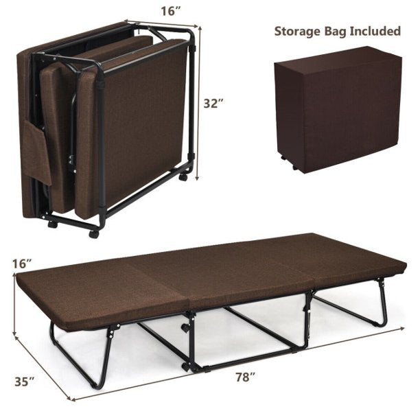 Portable Foldable Guest Bed with Adjustable 6 Position and Side Storage Pocket(Brown, 78" L X 35" W)