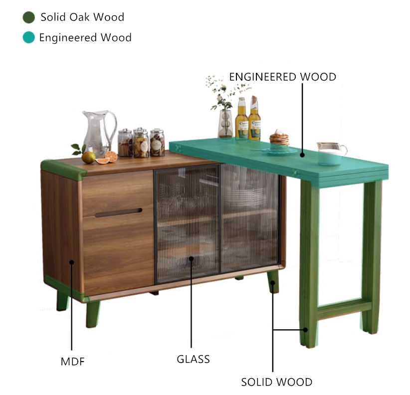 Folding Dining Table and Cabinet in One with Glass Sliding Doors and Storage Drawers