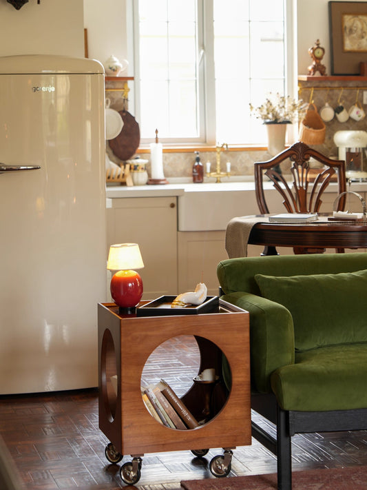 17.7 inch solid rubberwood glass top rolling cube coffee table with circular cutout design for small apartment