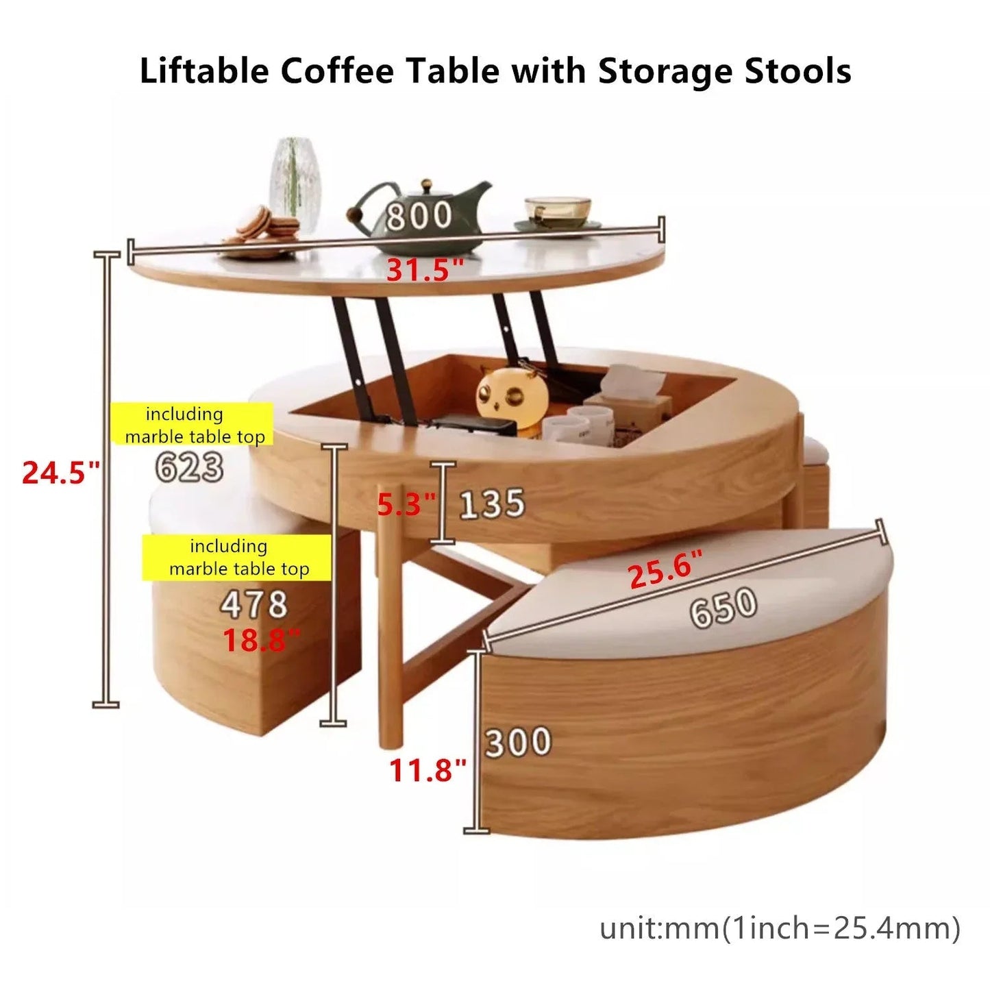 Lift Top Round Coffee Table with Storage and Ottomans -- coffee table -