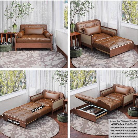 Rattan Weaving Armrests Leathaire Fabric Retro Sofa Bed with Underneath Storage