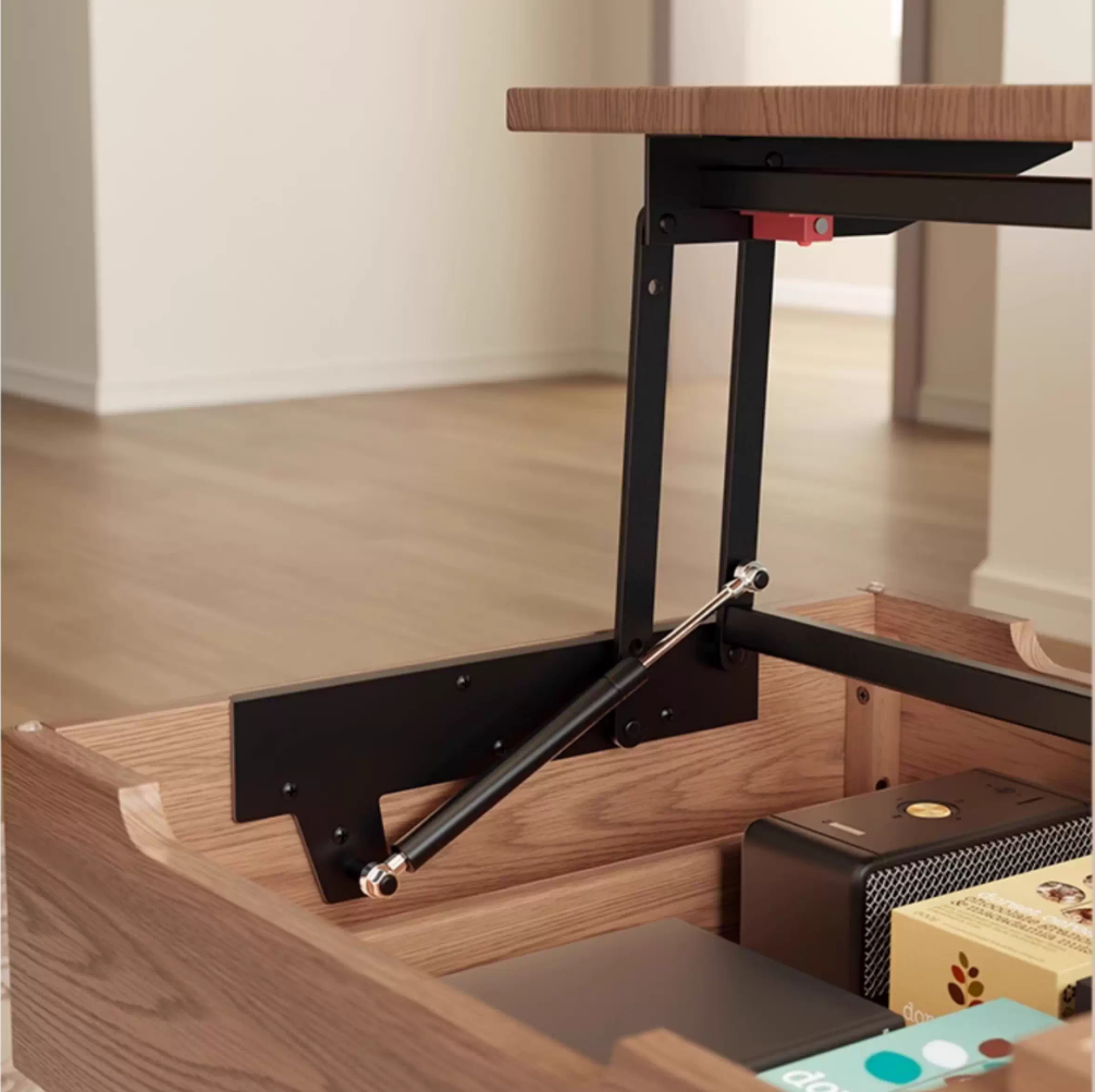 Coffee table with iron lift mechanism detail and smooth elevation