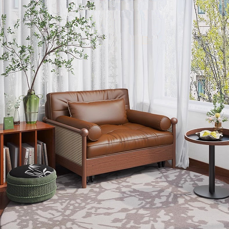 Rattan Weaving Armrests Leathaire Fabric Retro Sofa Bed with Underneath Storage