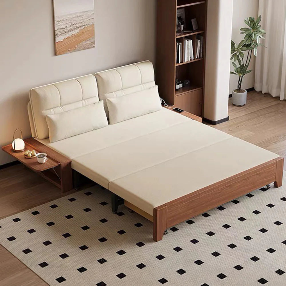 2-in-1 Folding Sofa Bed with Storage, Linen Cotton Blend Upholstery, Solid Wood Frame for Small Spaces