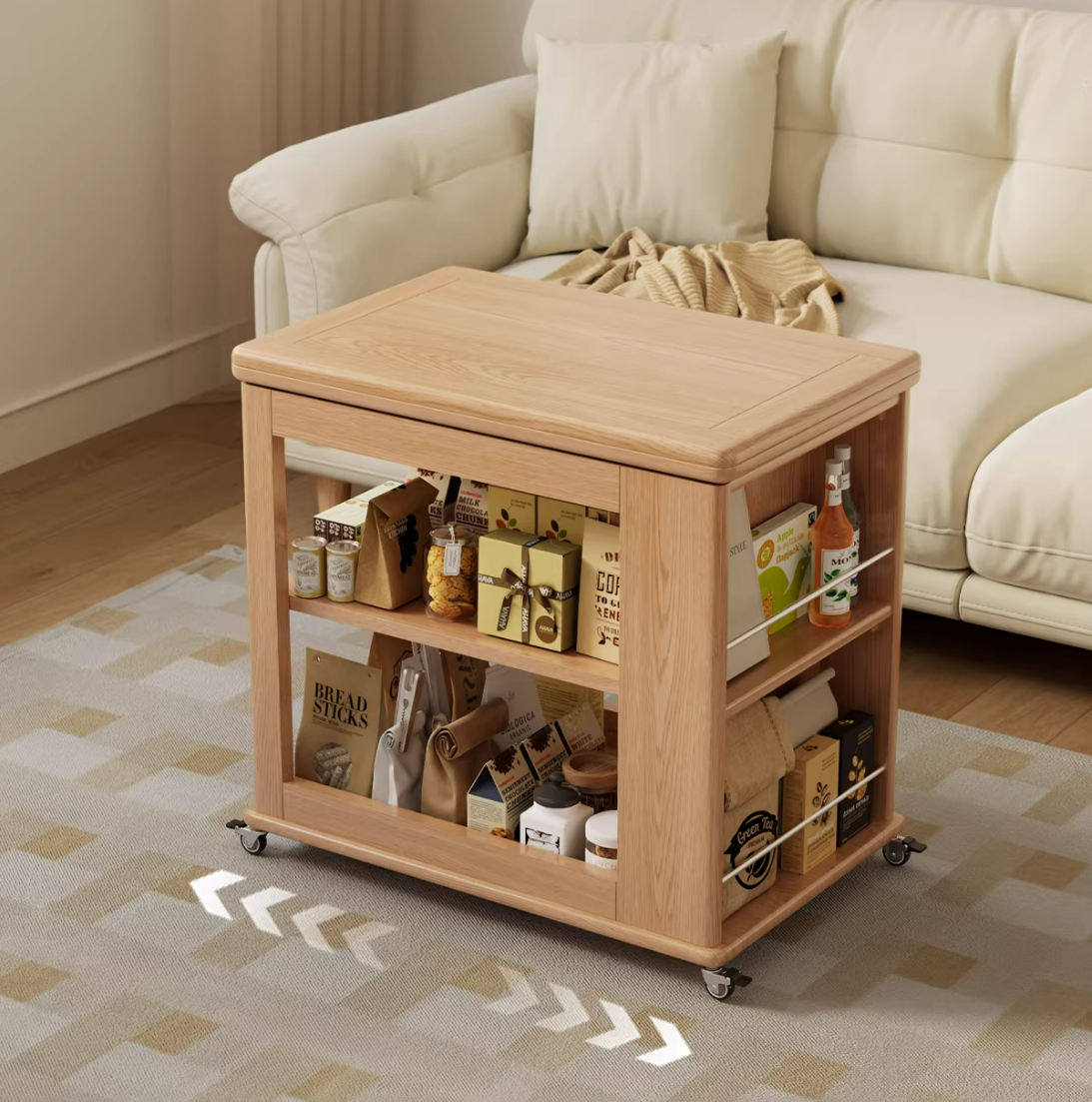 Mobile side table cart with storage shelves and rolling wheels