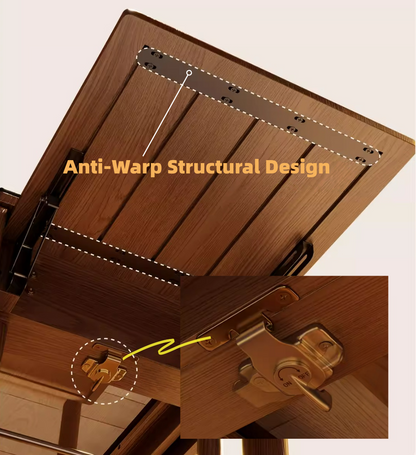 Solid rubberwood table with foldable side panel extended for dining configuration
