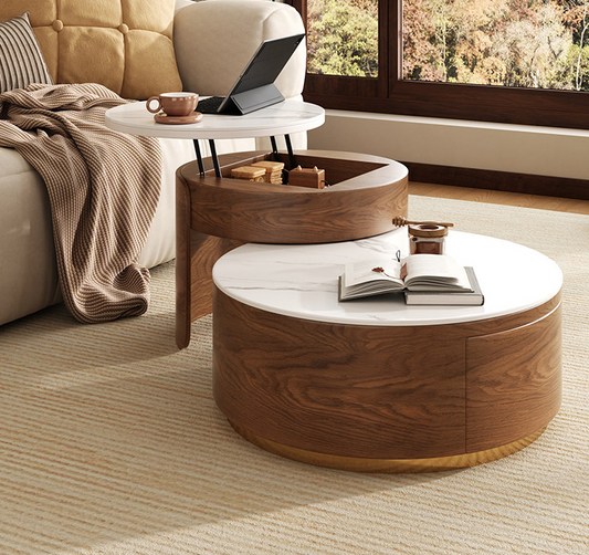 Italian lift top coffee table round stone slab surface closed view