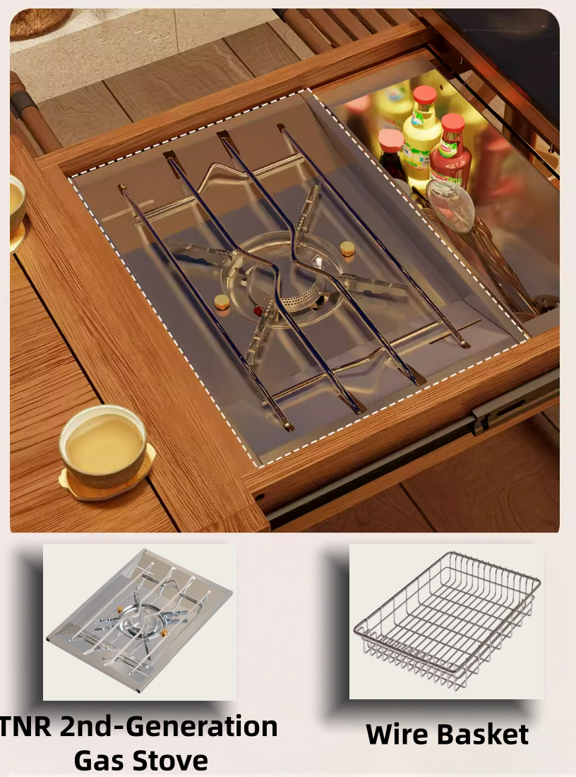 Multifunctional rubberwood table with IGT system transforming for different uses