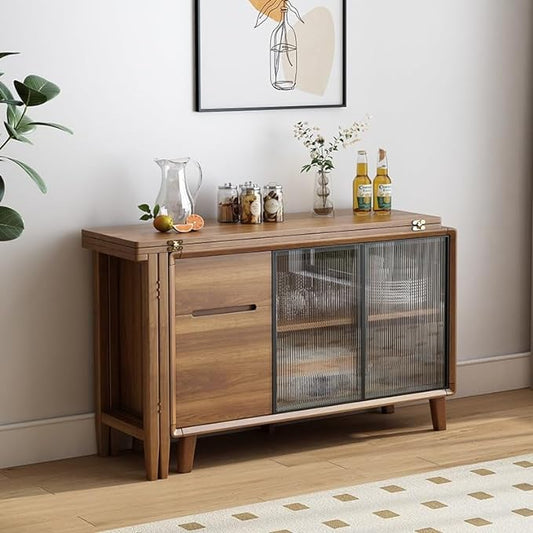 Folding Dining Table and Cabinet in One with Glass Sliding Doors and Storage Drawers