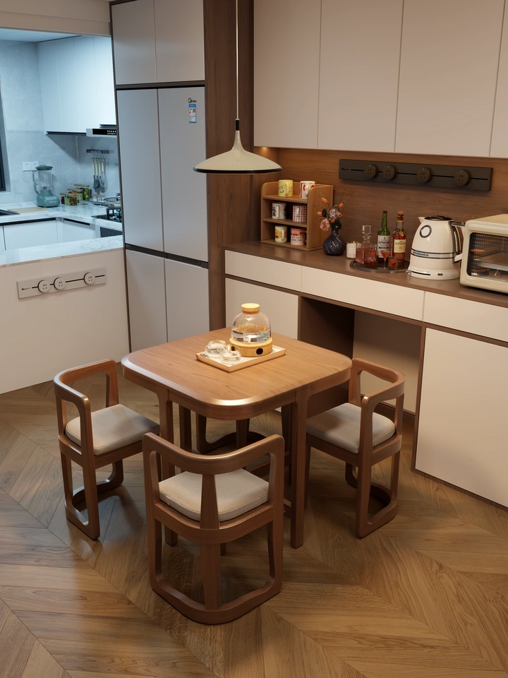 Space-saving dining table with removable cushion covers detail view

