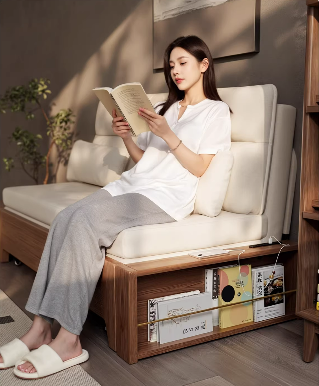 2-in-1 Folding Sofa Bed with Storage, Linen Cotton Blend Upholstery, Solid Wood Frame for Small Spaces