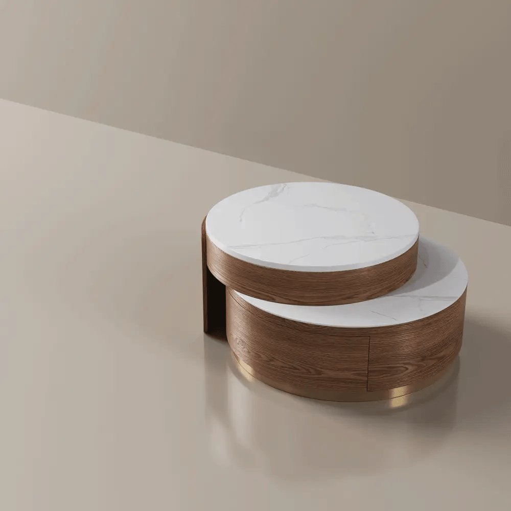 Round coffee table with hidden storage compartment gold base