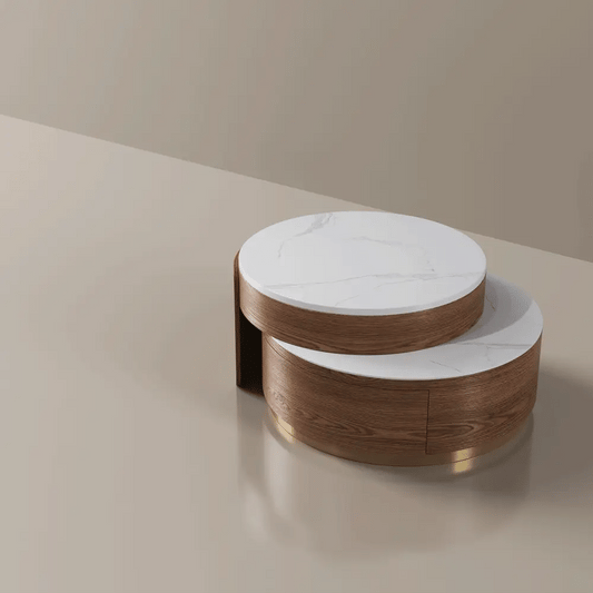 Round coffee table with hidden storage compartment gold base