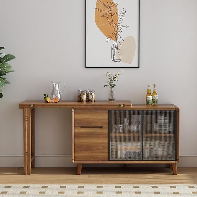 Folding Dining Table and Cabinet in One with Glass Sliding Doors and Storage Drawers