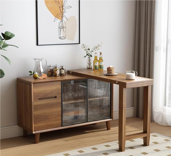 Folding Dining Table and Cabinet in One with Glass Sliding Doors and Storage Drawers