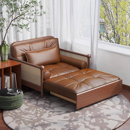 Rattan Weaving Armrests Leathaire Fabric Retro Sofa Bed with Underneath Storage