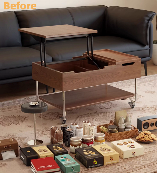 Space-saving coffee table with lift mechanism elevated for laptop work
