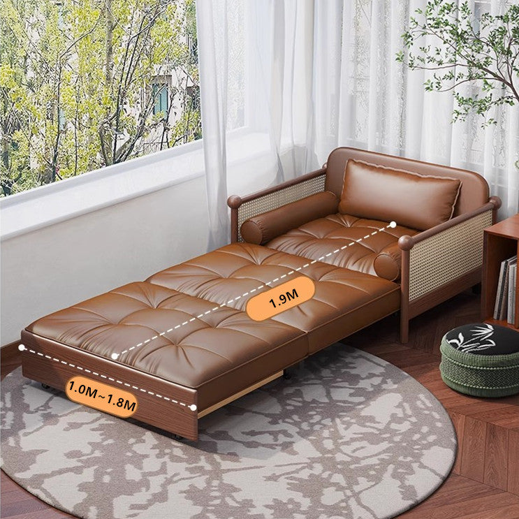 Rattan Weaving Armrests Leathaire Fabric Retro Sofa Bed with Underneath Storage