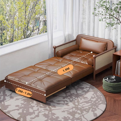Rattan Weaving Armrests Leathaire Fabric Retro Sofa Bed with Underneath Storage
