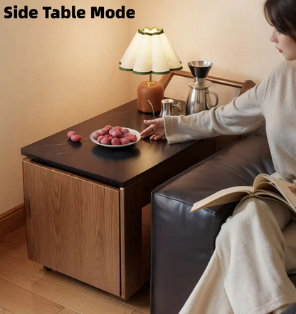 Solid rubberwood modular table with heat-resistant sintered stone countertop and storage basket