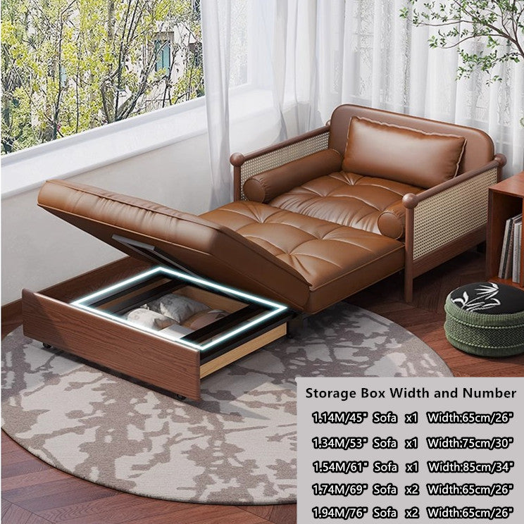 Rattan Weaving Armrests Leathaire Fabric Retro Sofa Bed with Underneath Storage