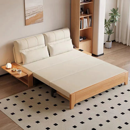 2-in-1 Folding Sofa Bed with Storage, Linen Cotton Blend Upholstery, Solid Wood Frame for Small Spaces