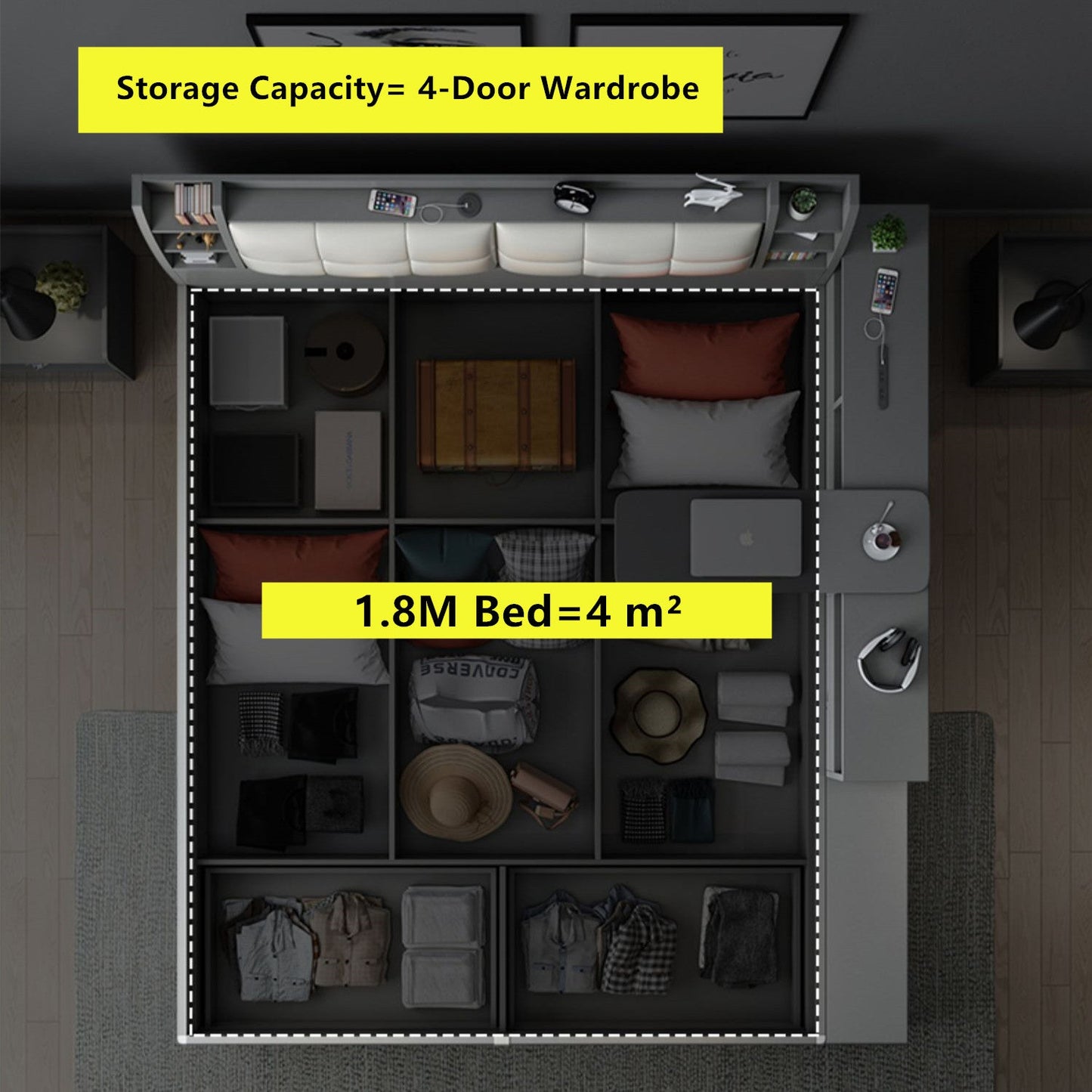 Modern Style Lift Up Storage Bed with Drawers and Rotating Desk