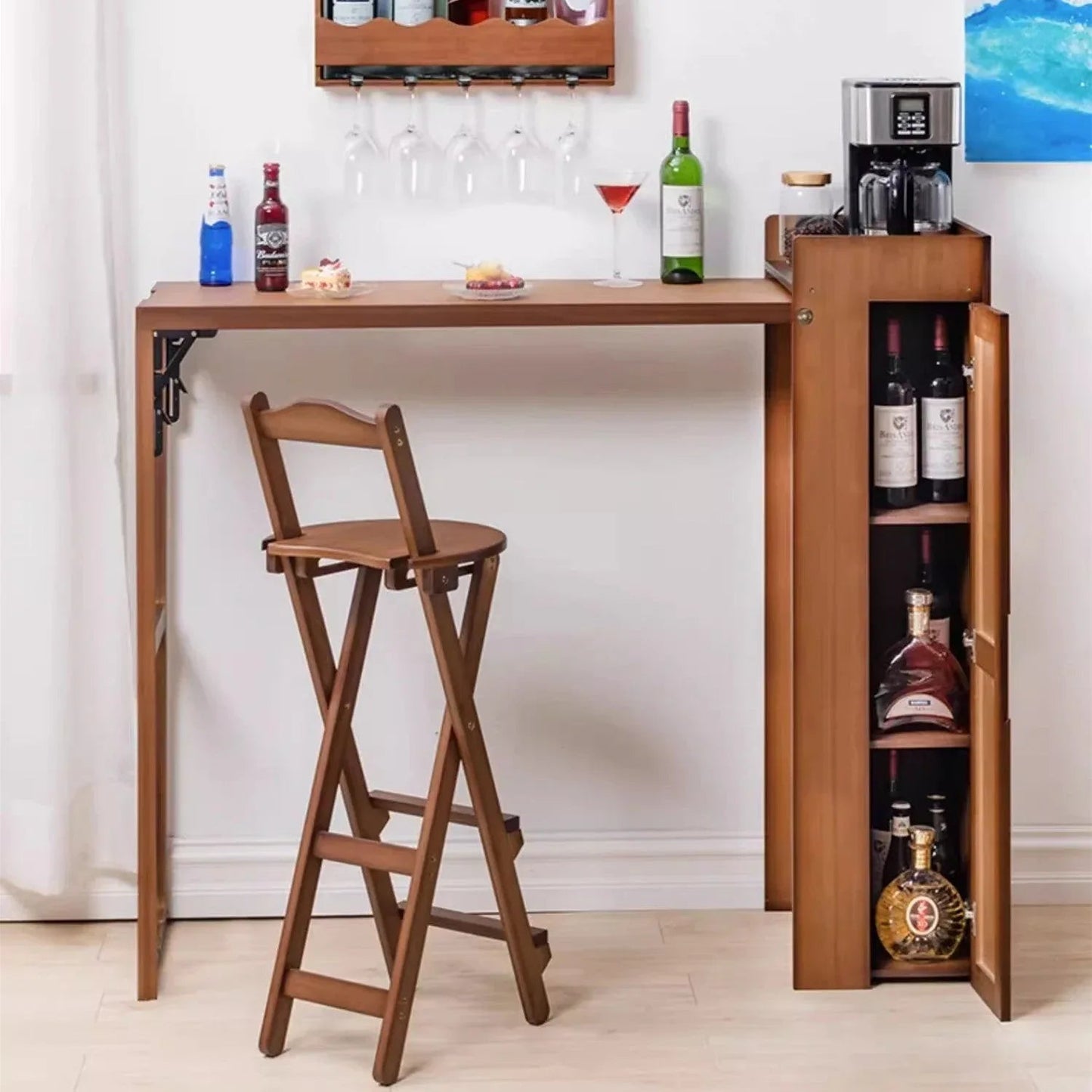 Folding Bamboo Bar Table with Storage Rack -- WINE BAR TABLE -