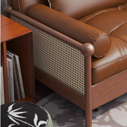 Rattan Weaving Armrests Leathaire Fabric Retro Sofa Bed with Underneath Storage