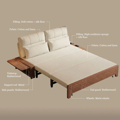 2-in-1 Folding Sofa Bed with Storage, Linen Cotton Blend Upholstery, Solid Wood Frame for Small Spaces