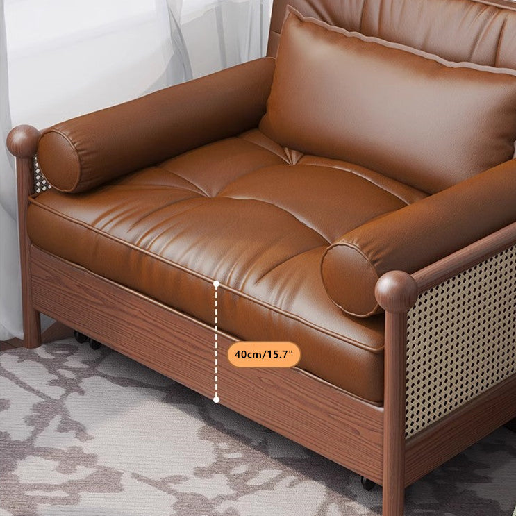 Rattan Weaving Armrests Leathaire Fabric Retro Sofa Bed with Underneath Storage