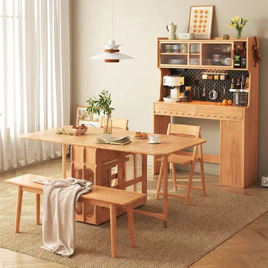 Double Drop Leaf Dining Table with Pegboard Hutch Cabinet -- DINING TABLE SET -