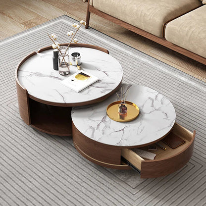 Double Round Nesting Coffee Table with Drawer and Marble Tabletop