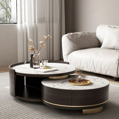 Double Round Nesting Coffee Table with Drawer and Marble Tabletop