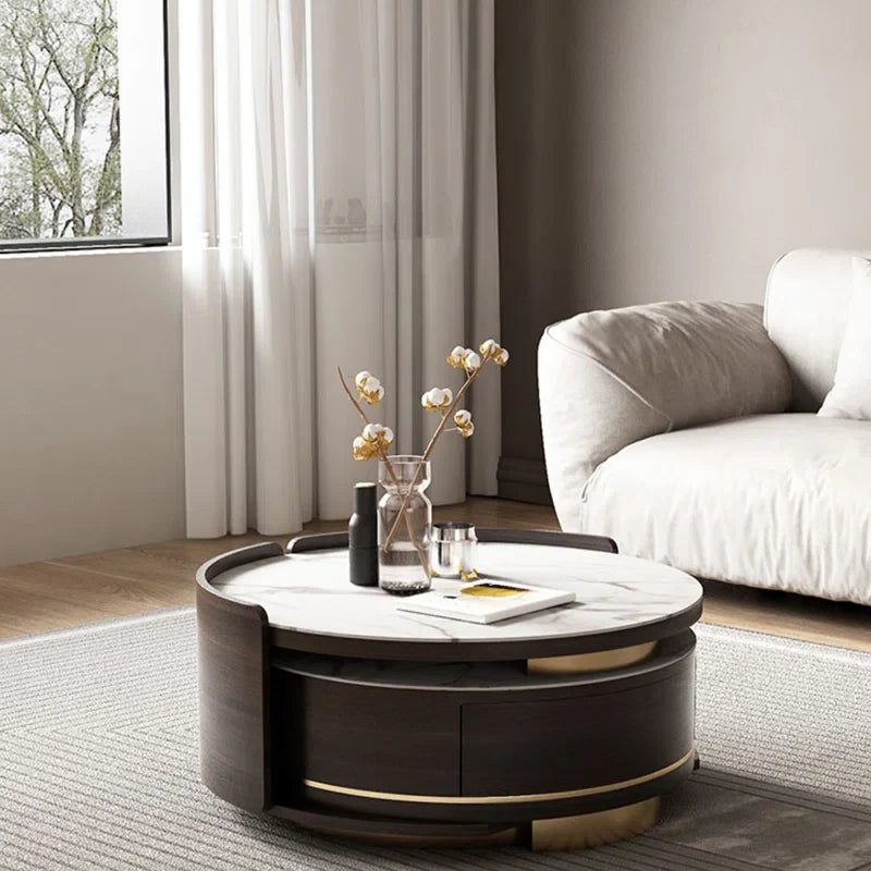 Double Round Nesting Coffee Table with Drawer and Marble Tabletop