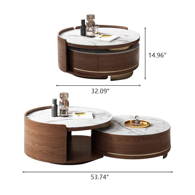 Double Round Nesting Coffee Table with Drawer and Marble Tabletop