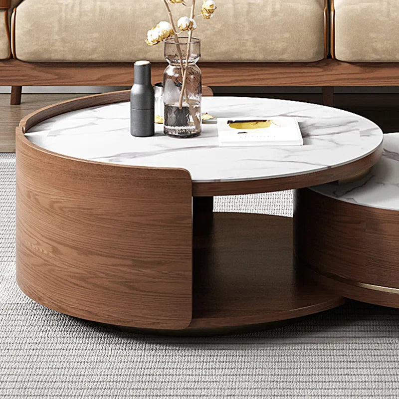 Double Round Nesting Coffee Table with Drawer and Marble Tabletop