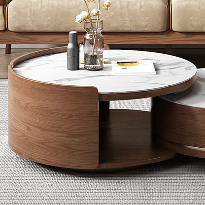 Double Round Nesting Coffee Table with Drawer and Marble Tabletop