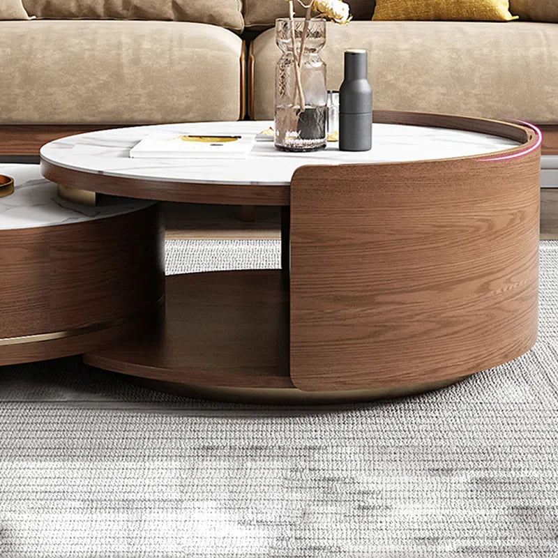 Double Round Nesting Coffee Table with Drawer and Marble Tabletop