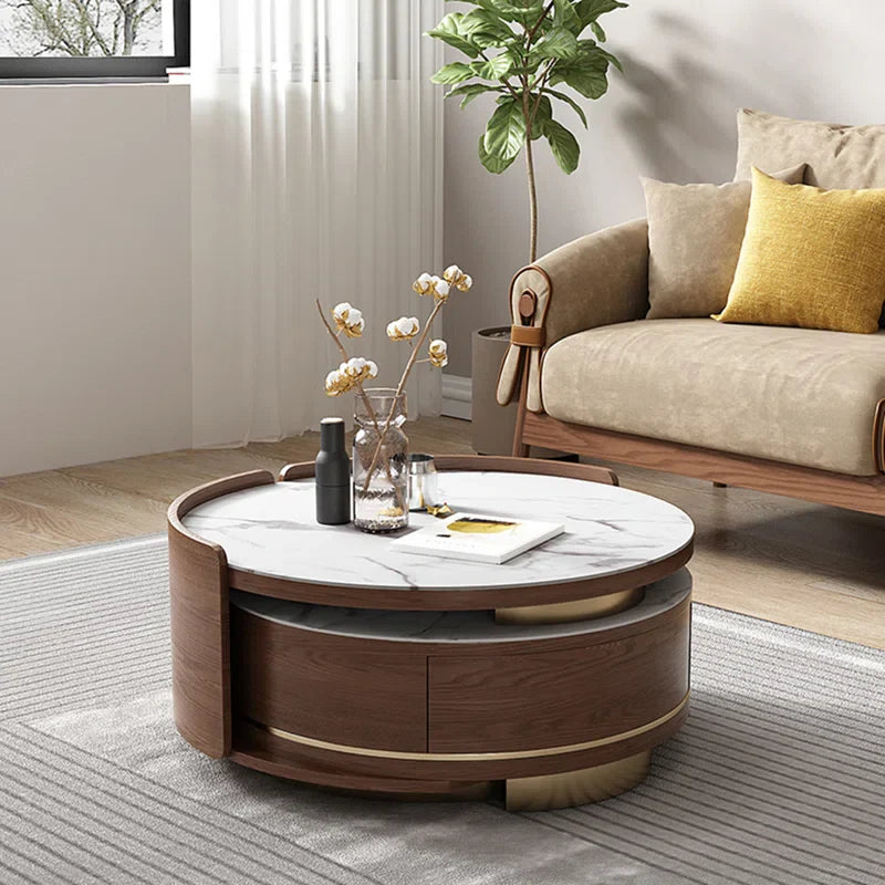 Double Round Nesting Coffee Table with Drawer and Marble Tabletop