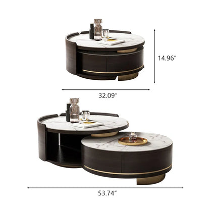 Double Round Nesting Coffee Table with Drawer and Marble Tabletop