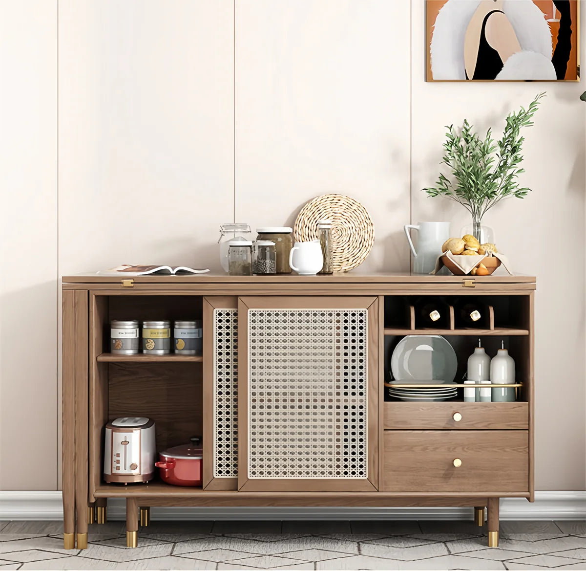 Folding Expandable Dining Table with Side Cabinet & 4 Chairs for Small Apartments