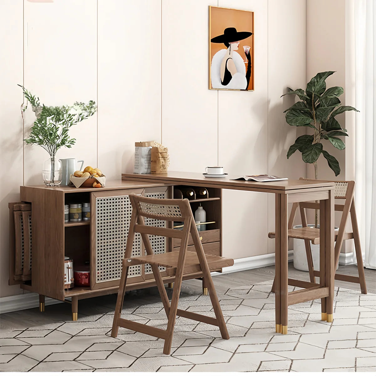 Folding Expandable Dining Table with Side Cabinet & 4 Chairs for Small Apartments