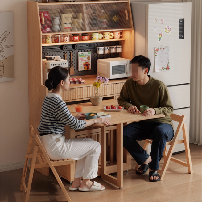 Kitchen Hutch Cabinet with Double Drop Leaf Dining Table and 4 Folding Chairs