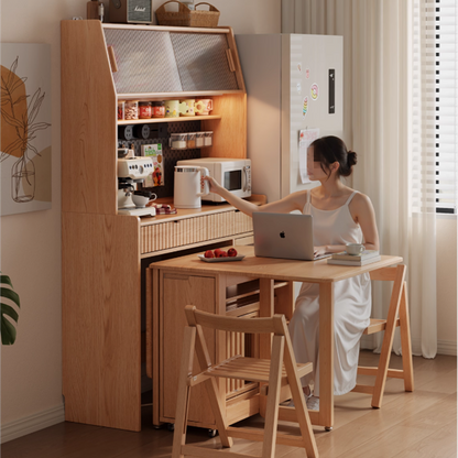 Kitchen Hutch Cabinet with Double Drop Leaf Dining Table and 4 Folding Chairs