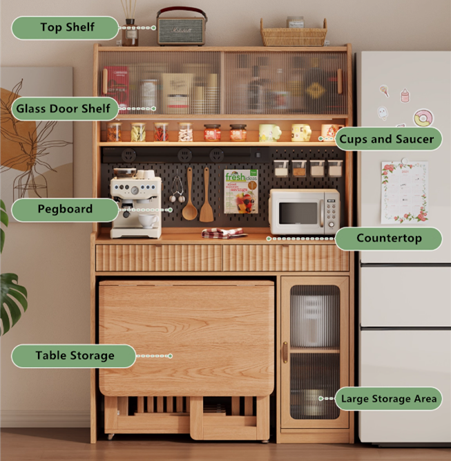 Kitchen Hutch Cabinet with Double Drop Leaf Dining Table and 4 Folding Chairs