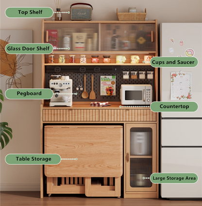 Kitchen Hutch Cabinet with Double Drop Leaf Dining Table and 4 Folding Chairs